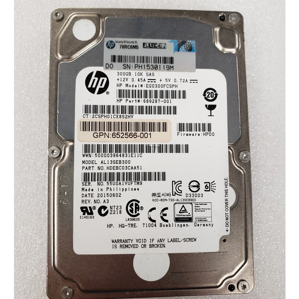 HP 300GB 10K RPM SAS 2.5" 6G Enterprise Hard Drive (EG0300FCSPH / 689287-001)